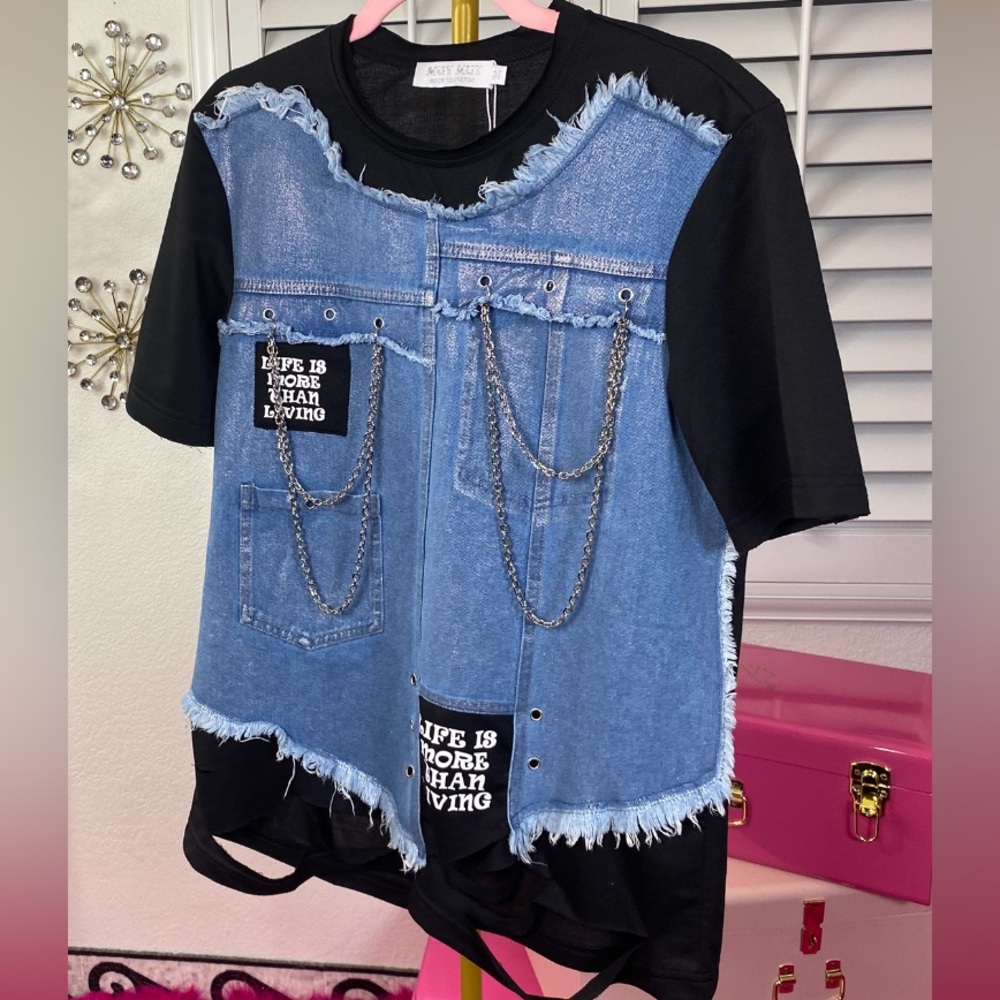 Life Is More Than Living Oversized Distressed Denim Contrast Tee
